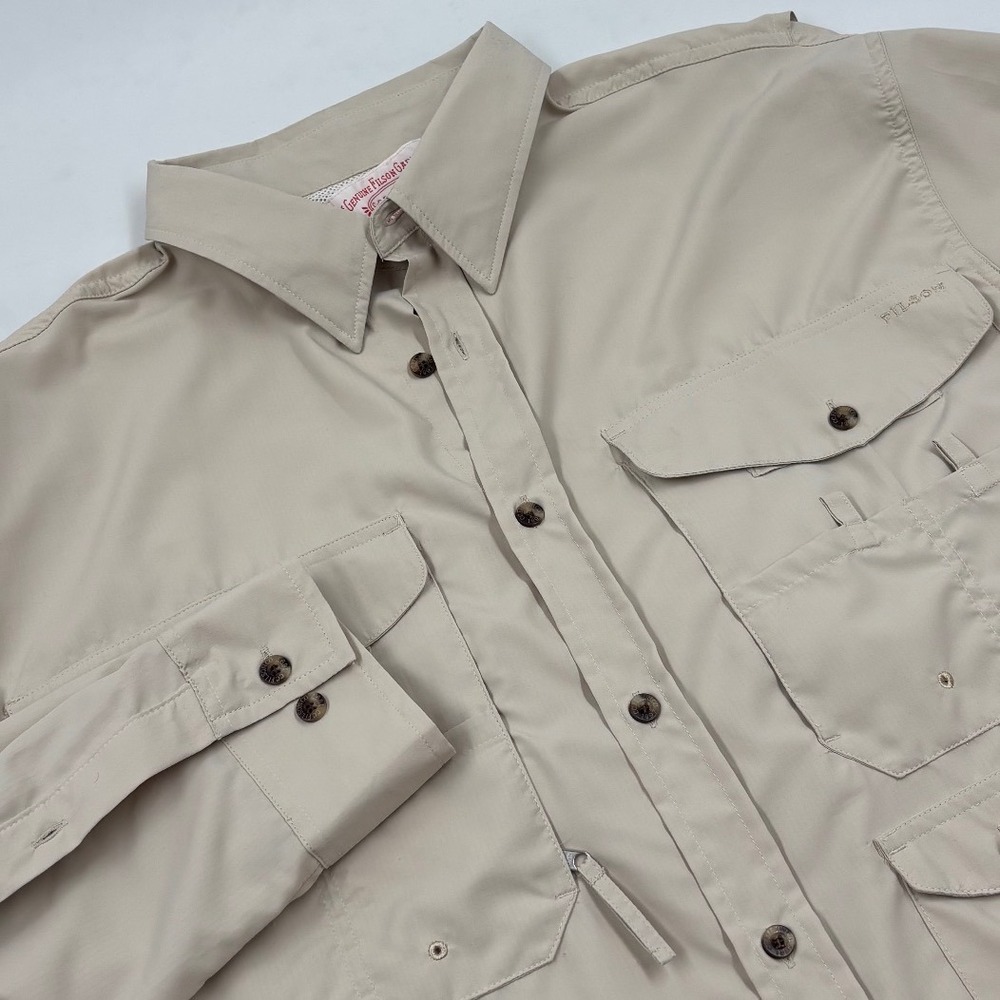 Vintage Filson Men's L Long Sleeve Fishing Tan Khaki Ripstop Ventilated Shirt